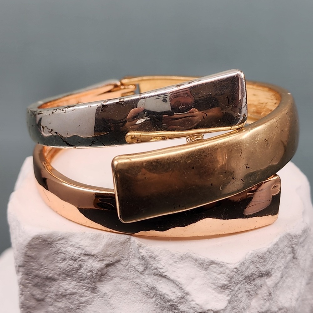 Mixed Metal Gold Silver Tone Hinged Cuff Bracelet Chunky Modernist Statement